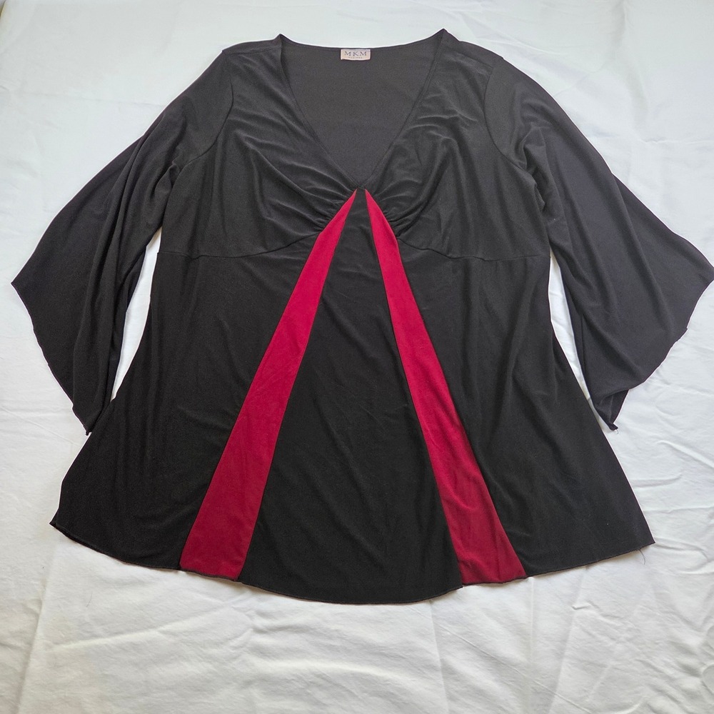 MKM Designs Top Black Red V-Neck Bell Sleeve Colorblock Stretchy Blouse